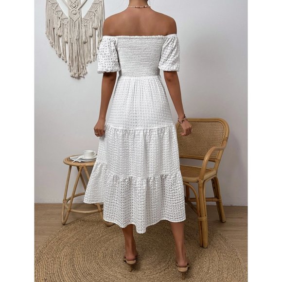 White Boho Off Shoulder Shirred Detail Puff Sleeve Ruffle Hem Maxi Dress - Picture 3 of 7